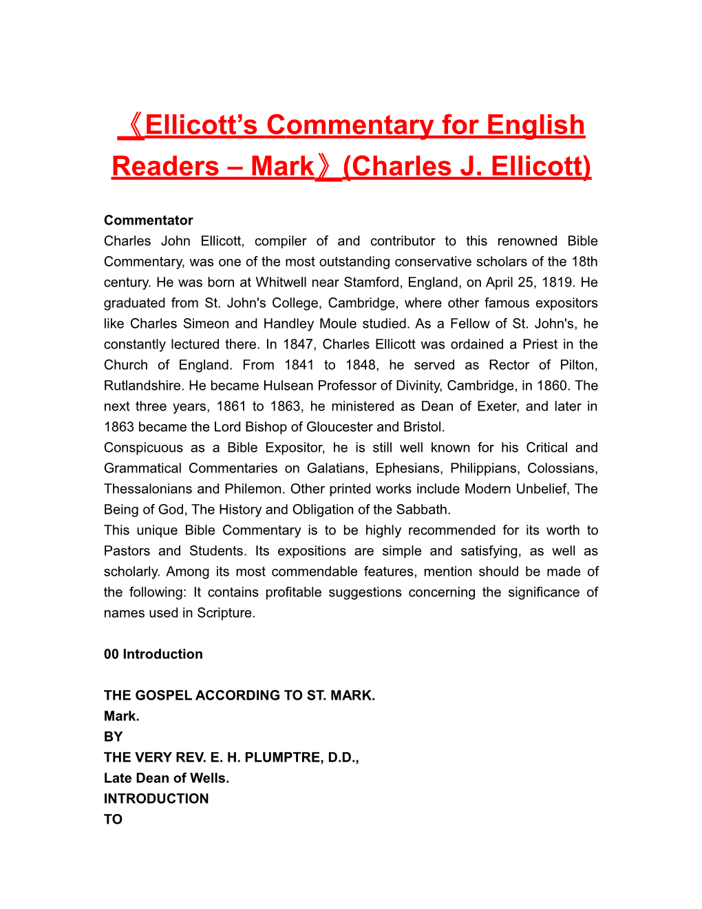 Ellicott Scommentary for English Readers Mark (Charles J. Ellicott)