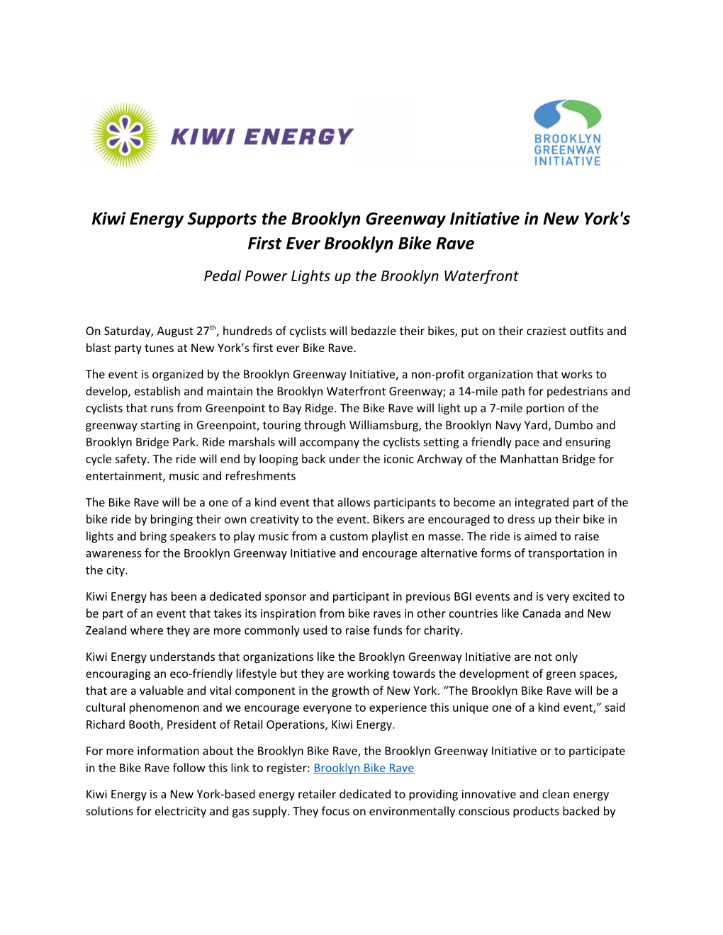 Kiwi Energy Supports the Brooklyn Greenway Initiative in New York's First Ever Brooklyn
