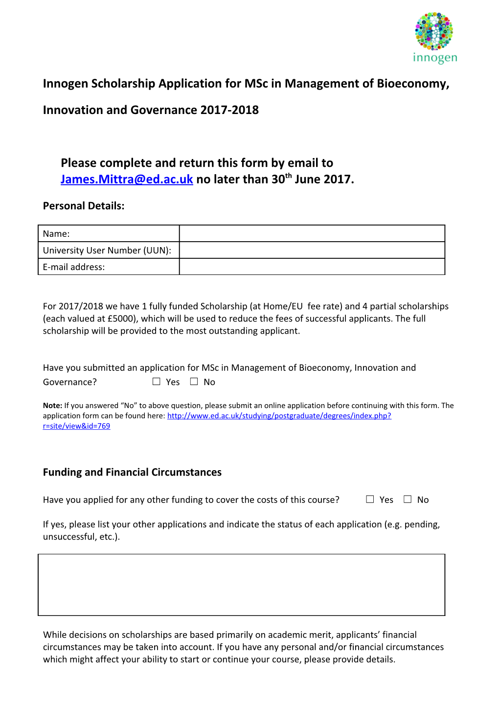 Innogen Scholarship Application for Msc in Management of Bioeconomy