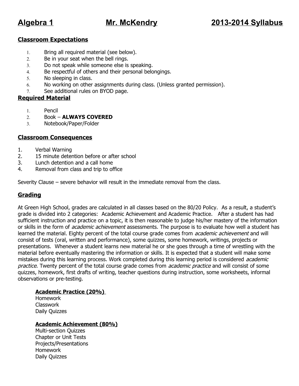 Algebra 1 Mr. Mckendry 2013-2014 Syllabus