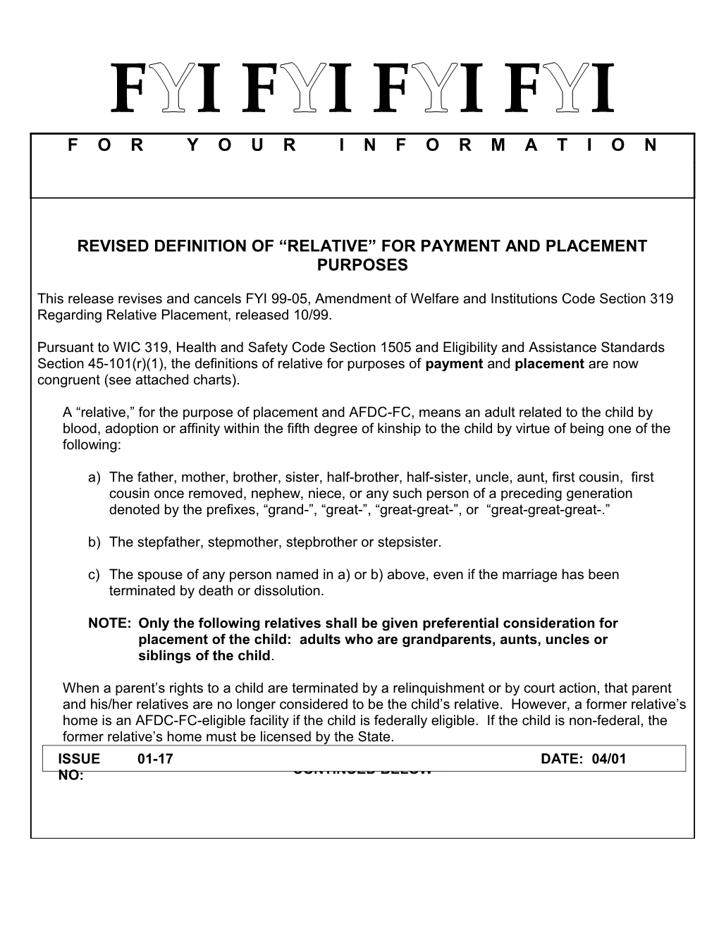 Revised Definition of Relative for Payment and Placement Purposes