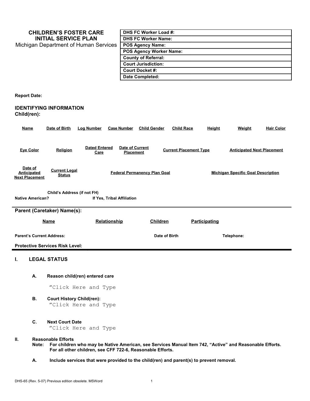 DHS-0065 - Children's Foster Care Initial Service Plan