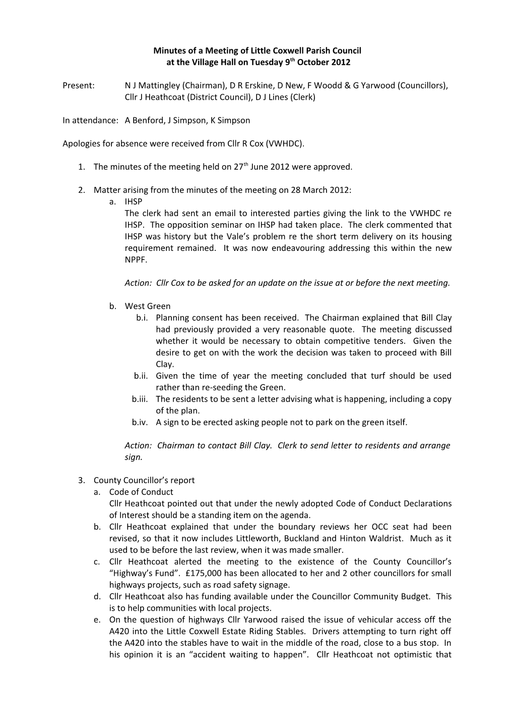 Minutes of a Meeting of Little Coxwellparish Council