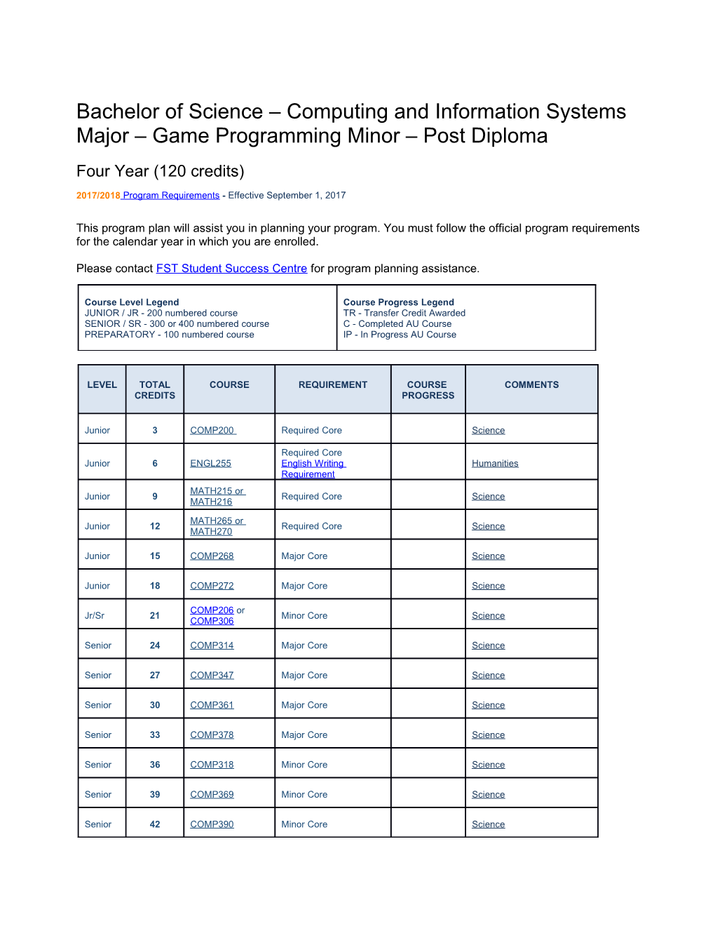 Bachelor of Science Computing and Information Systems Major Game Programming Minor Post Diploma