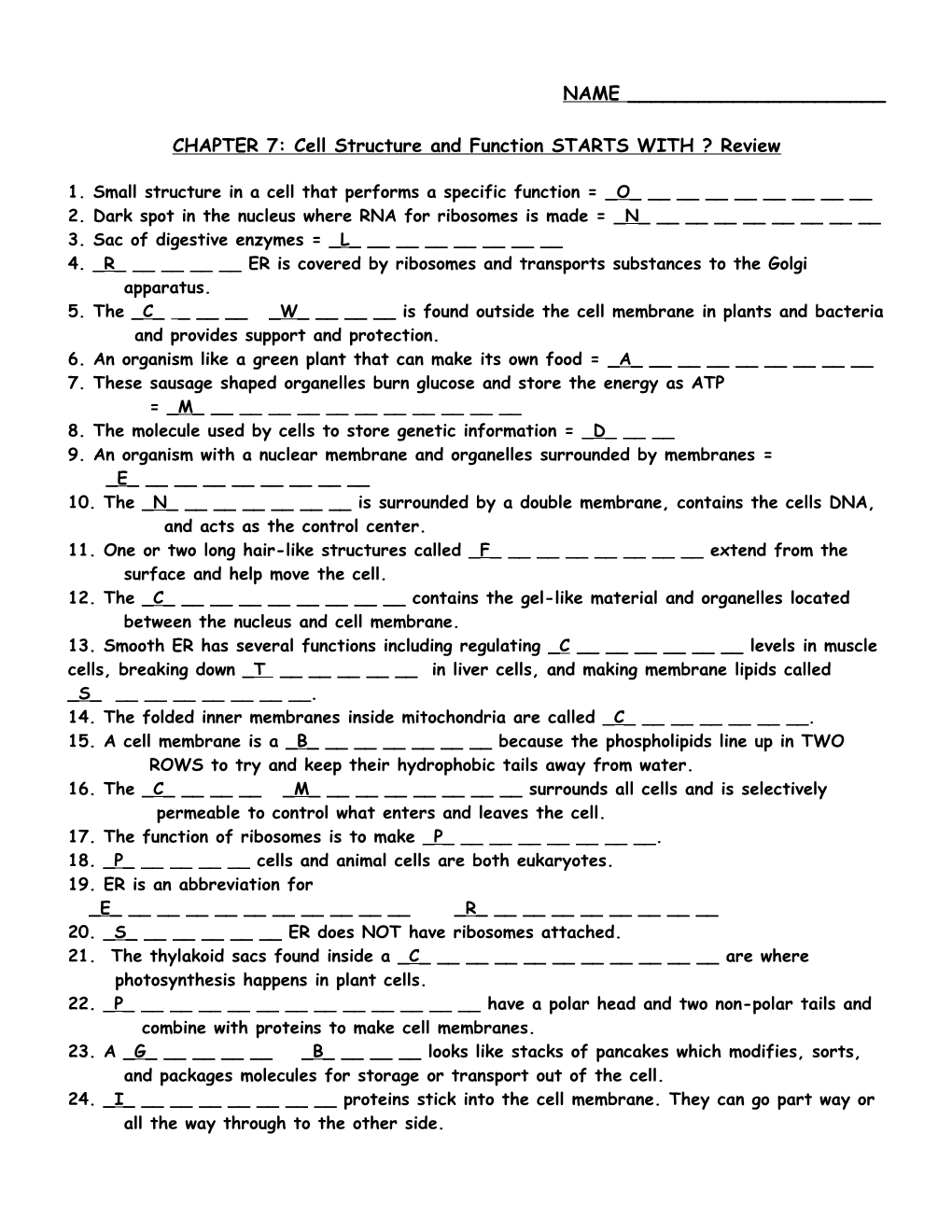 CHAPTER 4: Cell Structure and Function Review Crossword