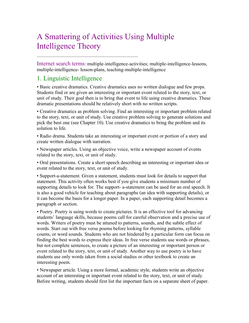 A Smattering of Activities Using Multiple Intelligence Theory