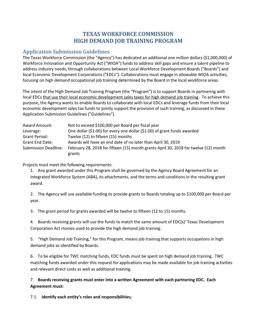 TWC High Demand Job Training Program Application Guidelines & Form