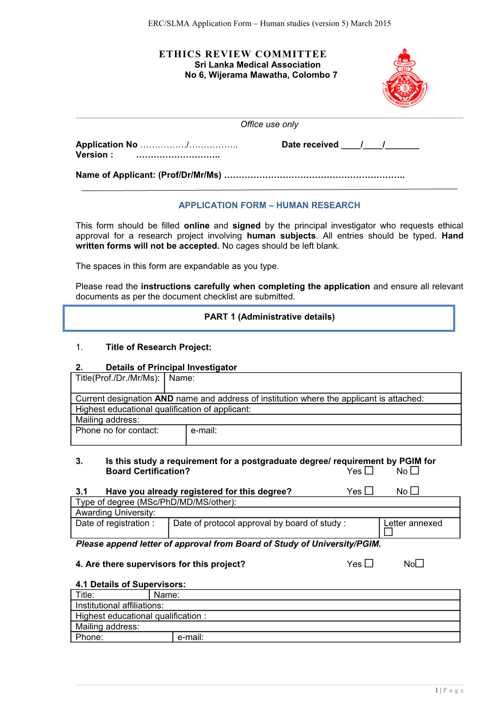 ERC/Slmaapplication Form Human Studies (Version 5)March 2015