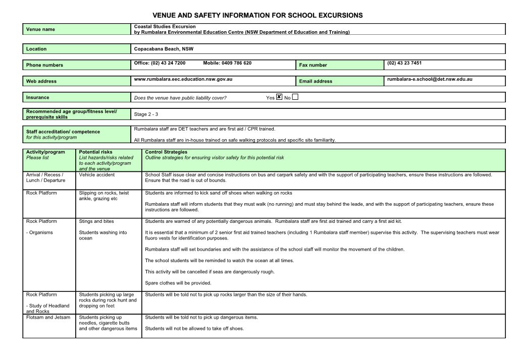 Venue and Safety Information for School Excursions