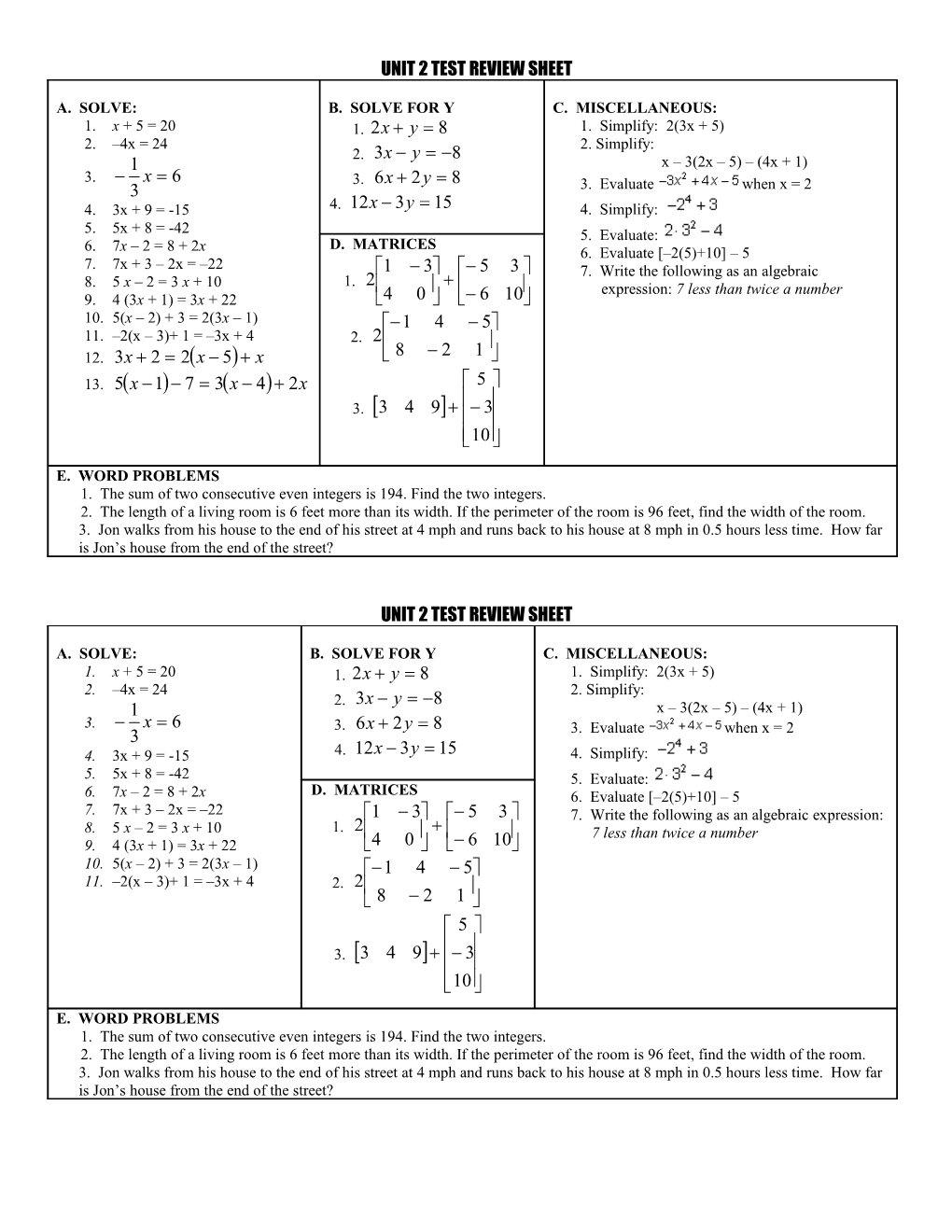 Unit 3 Test Review Sheet