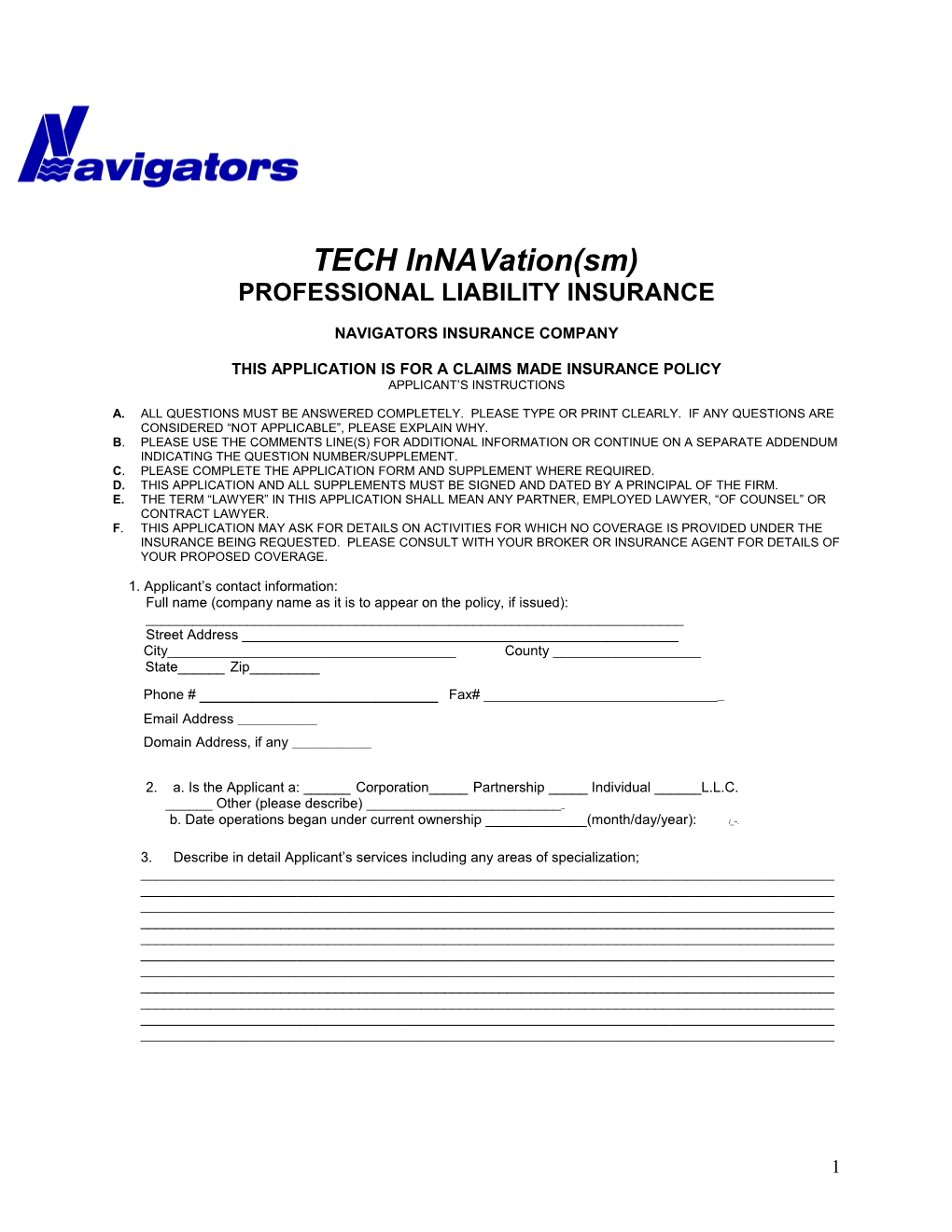 Computer & Technology Products and Services Professional Liability Application