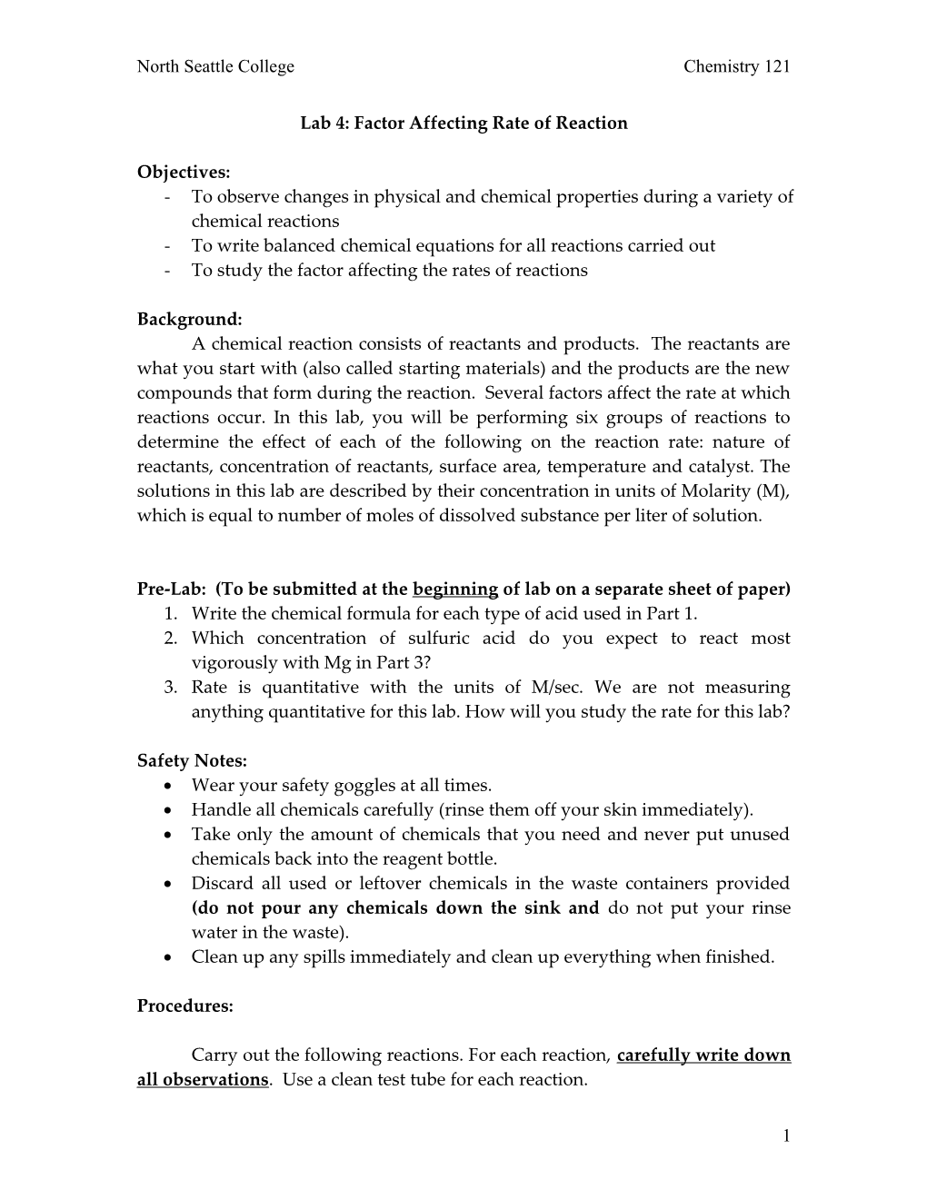 Lab 4: Factor Affecting Rate of Reaction