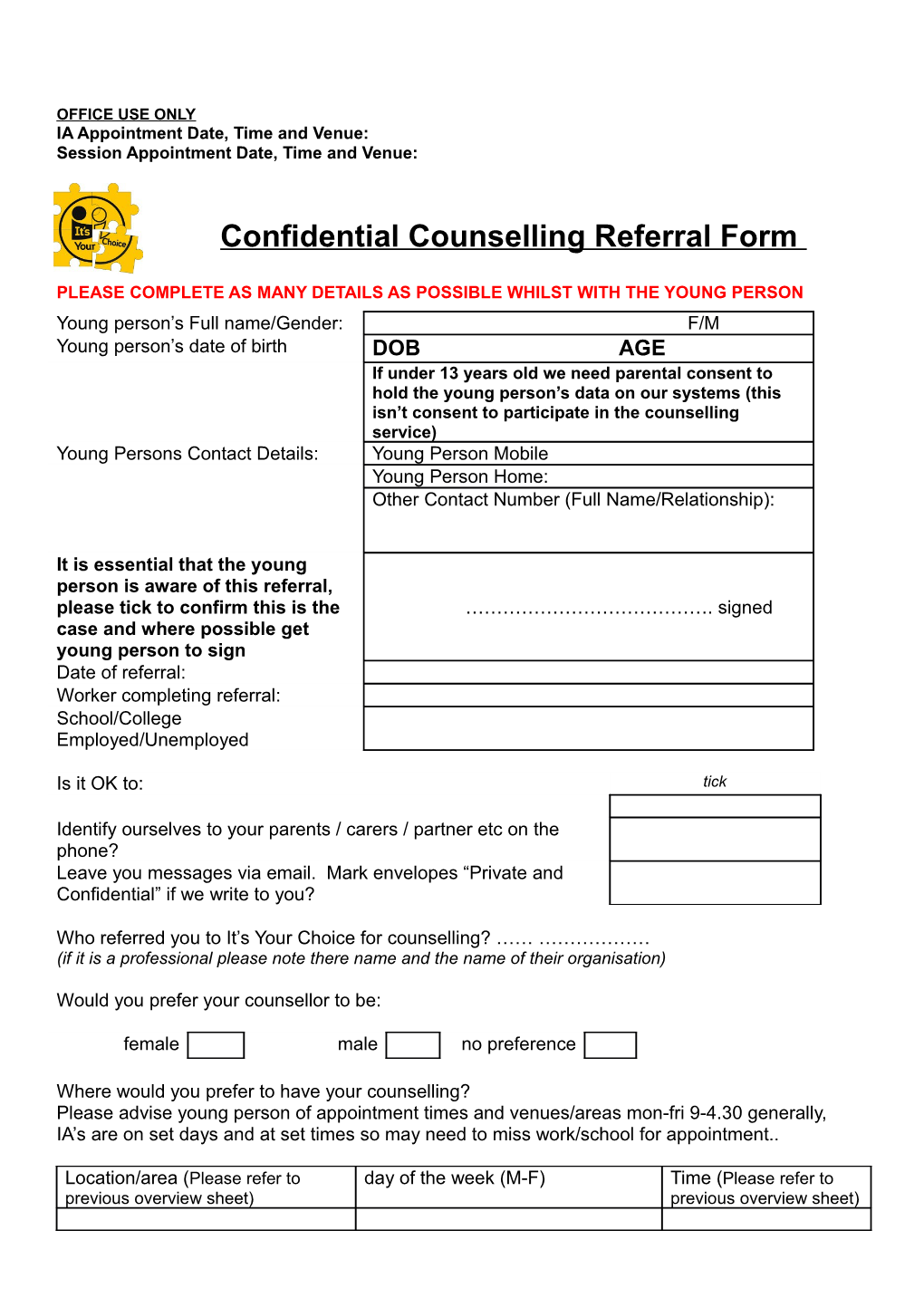 Pre-Counselling Assessment Form