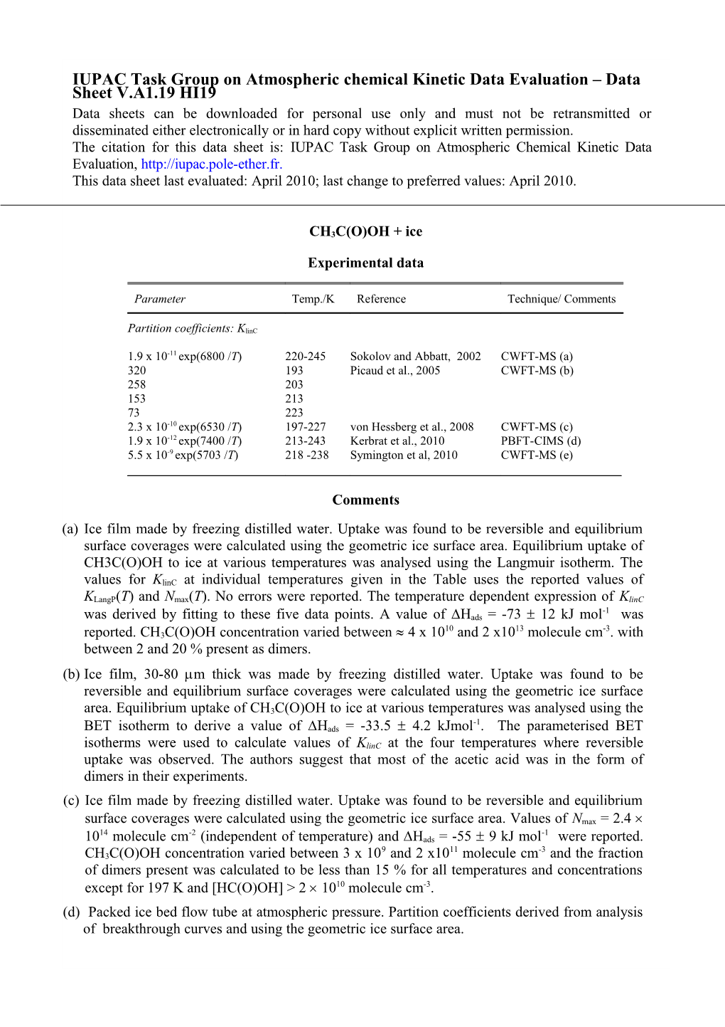 IUPAC Task Group on Atmospheric Chemical Kinetic Data Evaluation Data Sheet V.A1.19 HI19