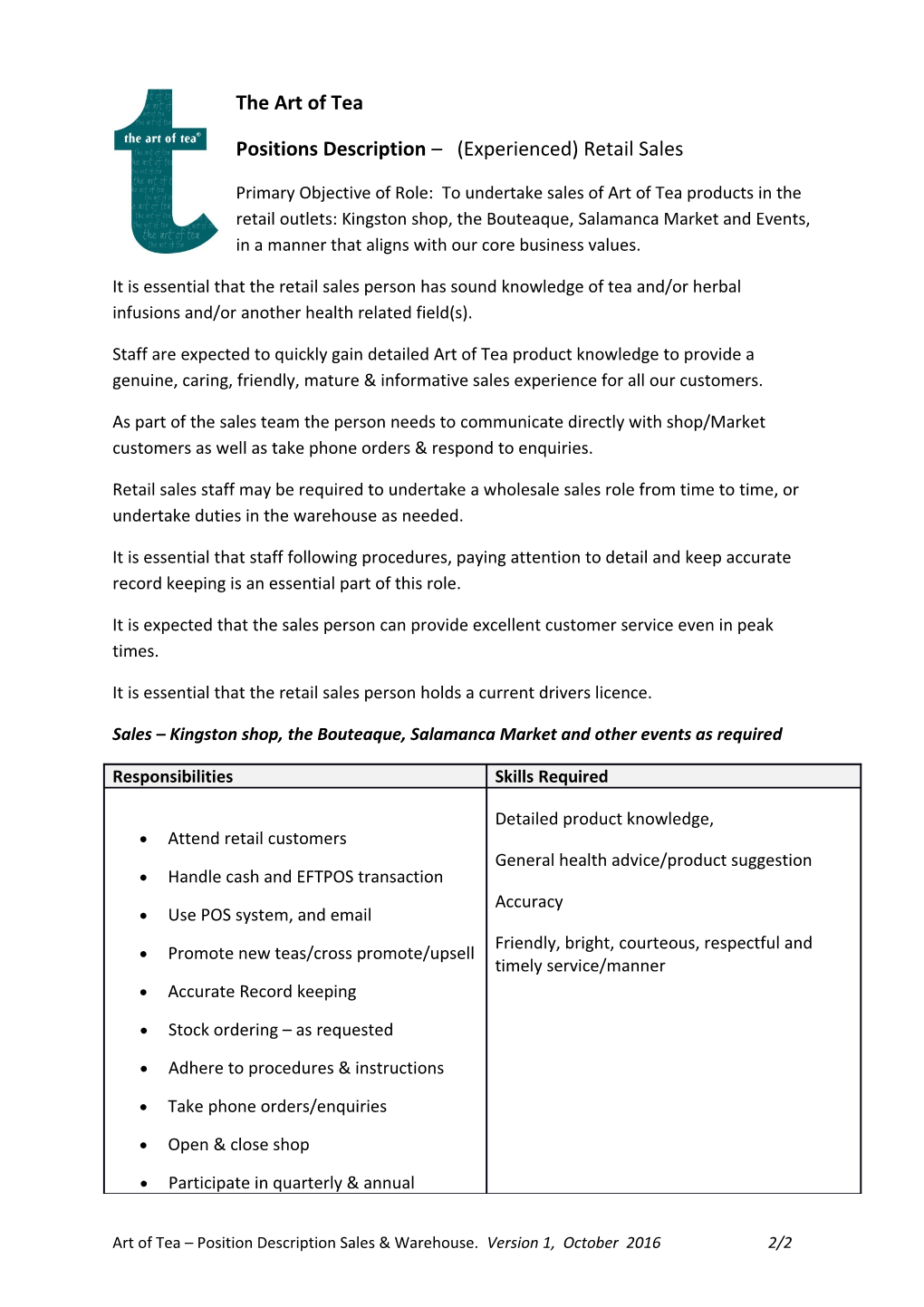 Positions Description (Experienced) Retail Sales