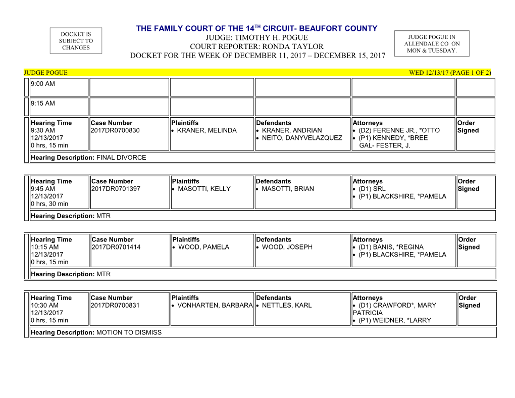 Docket for the Week of December 11, 2017 December 15, 2017