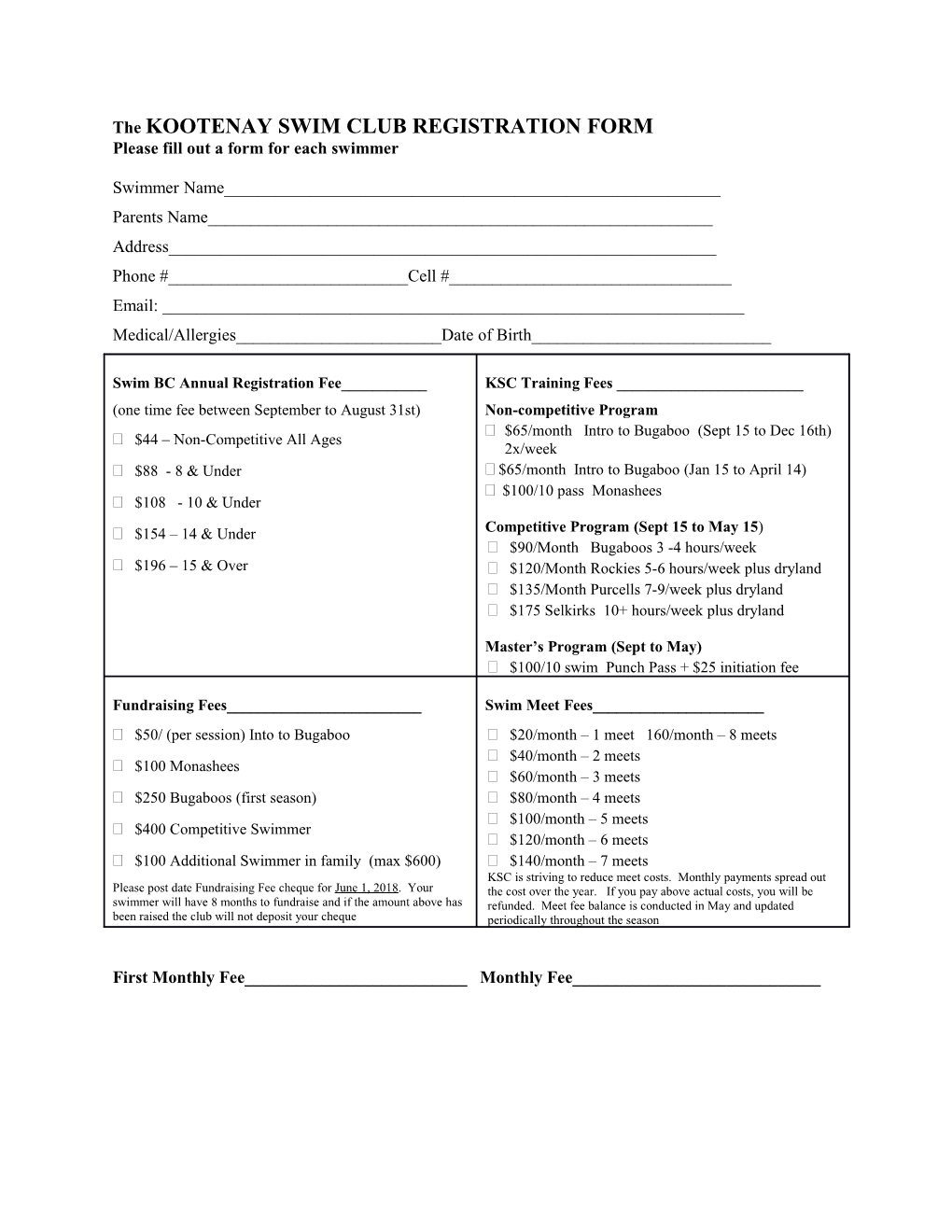 The KOOTENAY SWIM CLUB REGISTRATION FORM