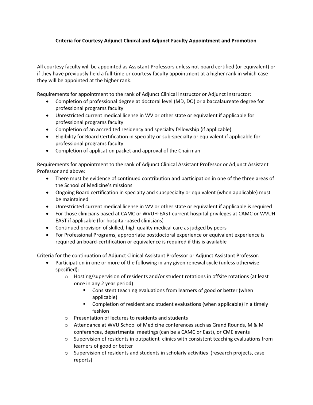 Criteria for Courtesyadjunct Clinical and Adjunct Faculty Appointment and Promotion