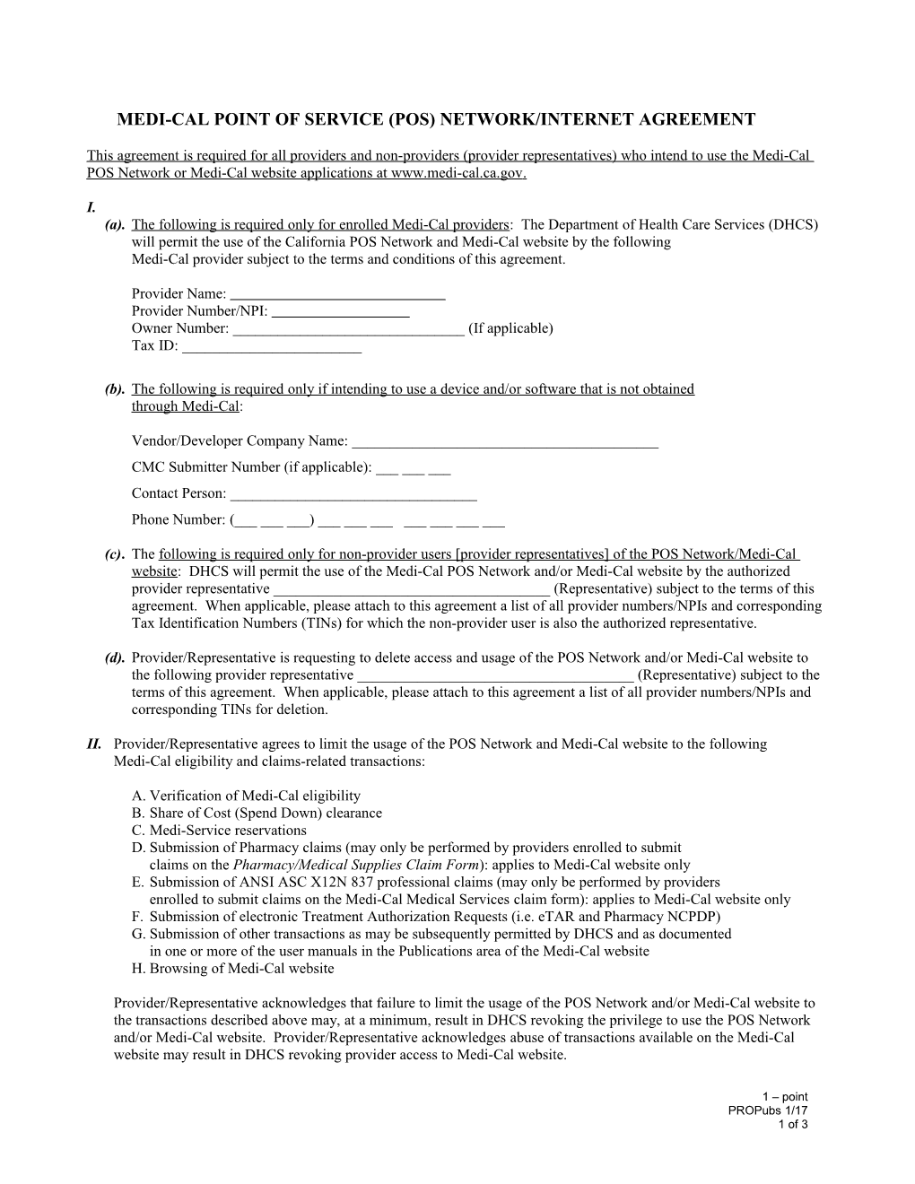 Form: Medi-Cal Point of Service (POS) Network/Internet Agreement (Point Frm 1 Net)