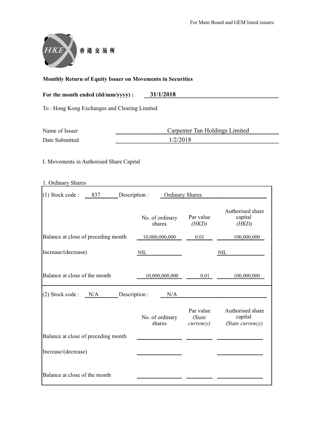 Monthly Return of Equity Issuer on Movements in Securities s1