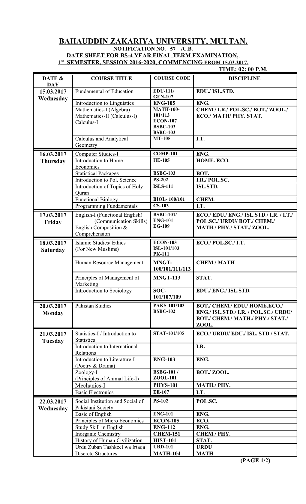 Date Sheet for Bs-4 Year Final Term Examination