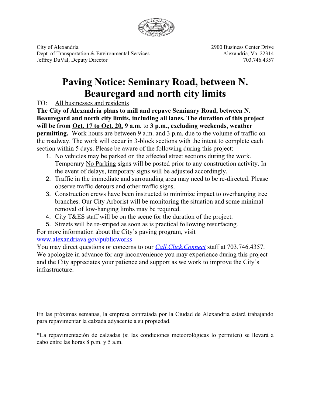 Paving Notice: Seminary Road, Between N. Beauregard and North City Limits