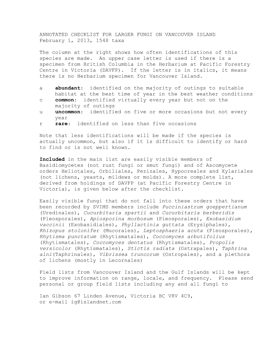 Annotated Checklist for Larger Fungi on Vancouver Island