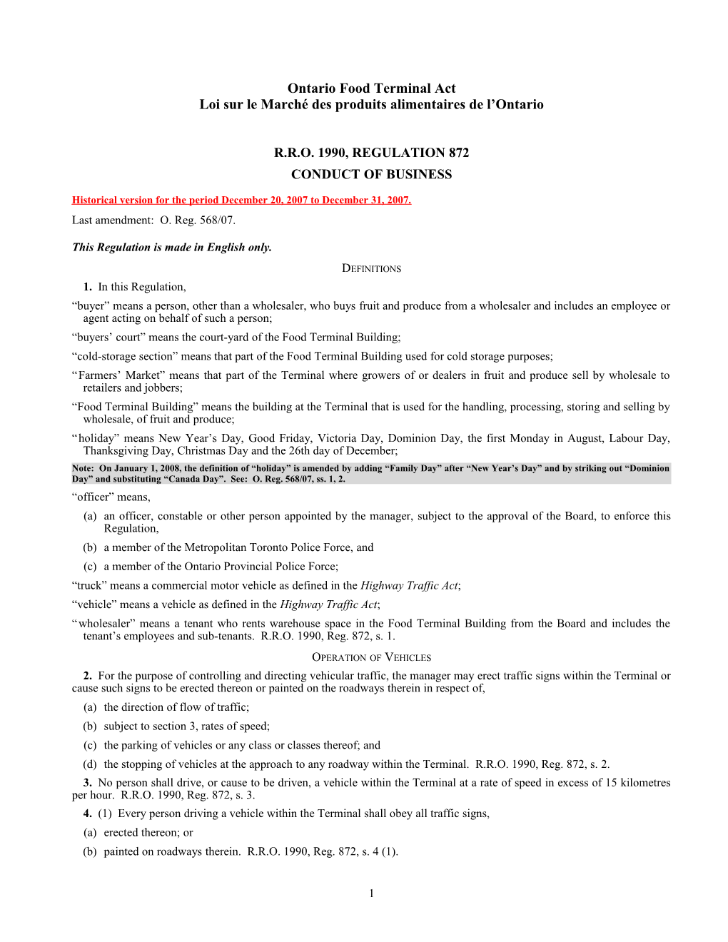 Ontario Food Terminal Act - R.R.O. 1990, Reg. 872