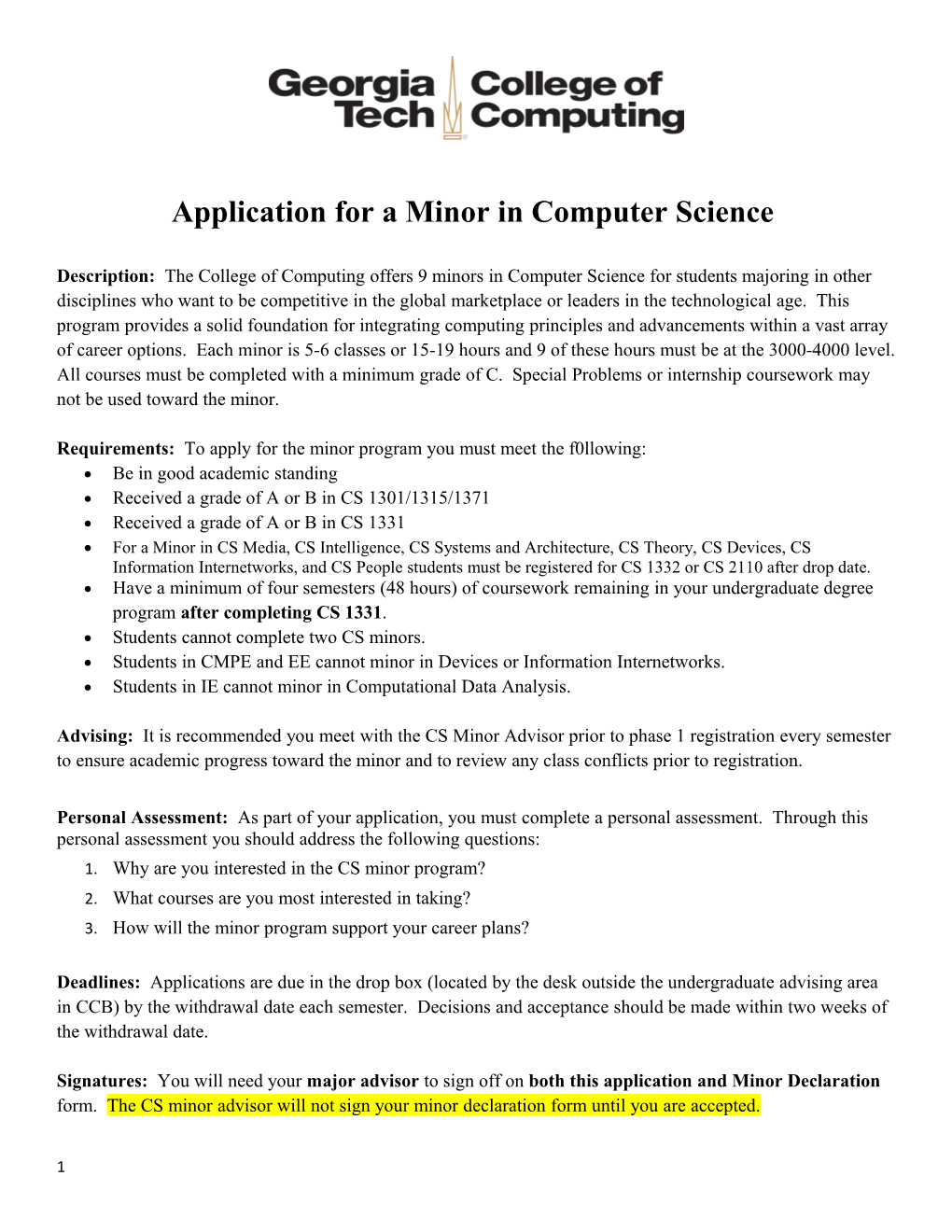 Application for a Minor in Computer Science