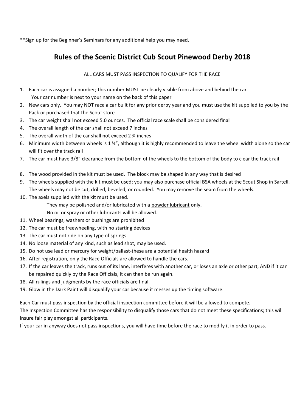 Rules of the Scenic District Cub Scout Pinewood Derby 2018