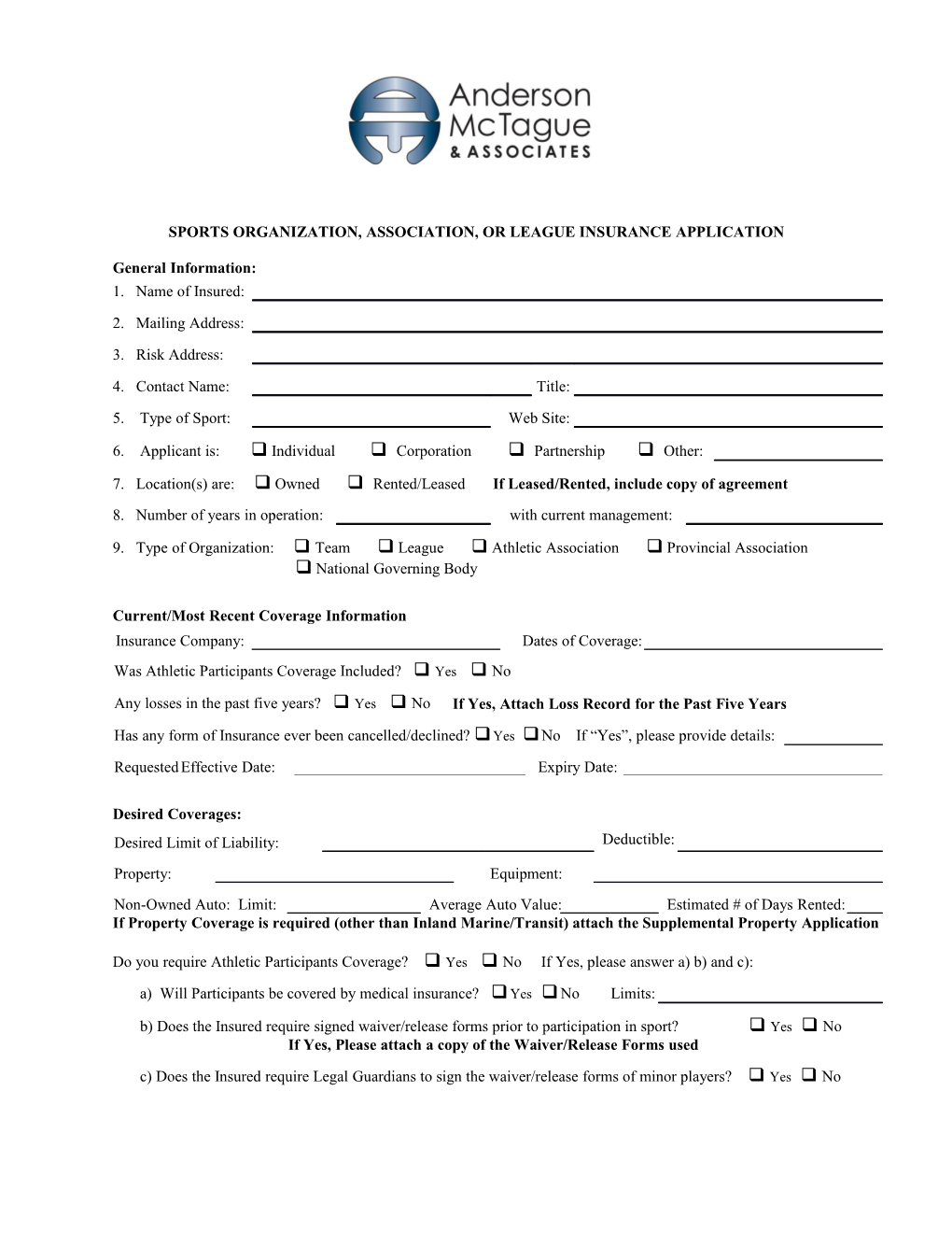 Sports Organization, Association, Or League Insurance Application