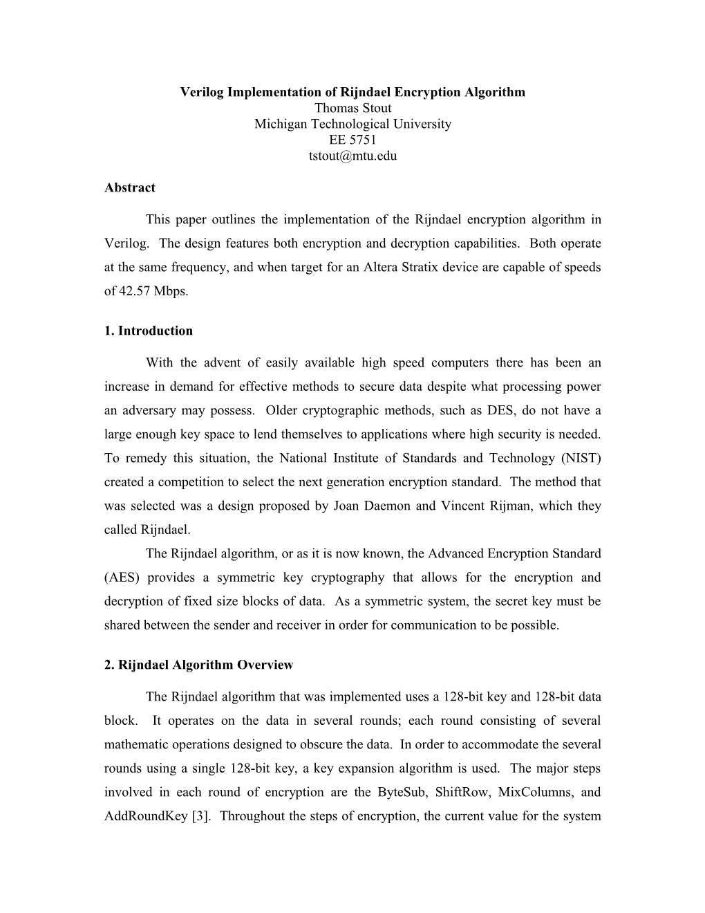 Verilog Implementation of Rijndael Encryption Algorithm