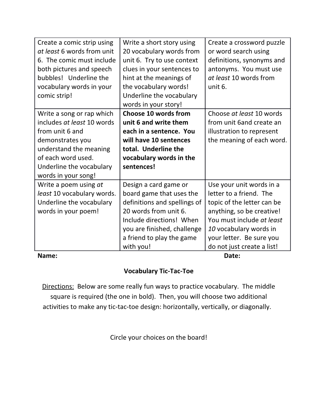 Vocabulary Tic-Tac-Toe