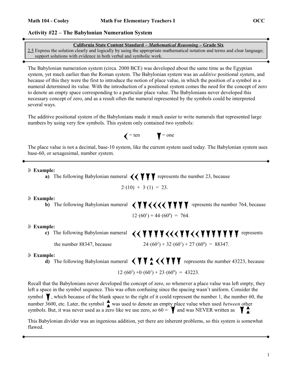 Math 104 - Cooley Math for Elementary Teachers I OCC