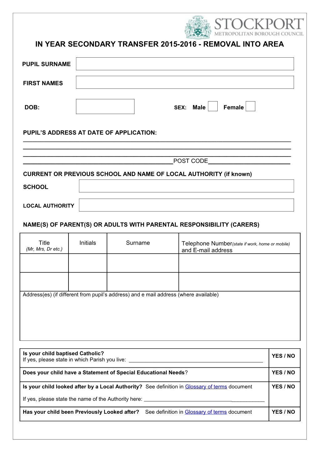 Common Application Form - in Year Secondary School Place 2014-2015