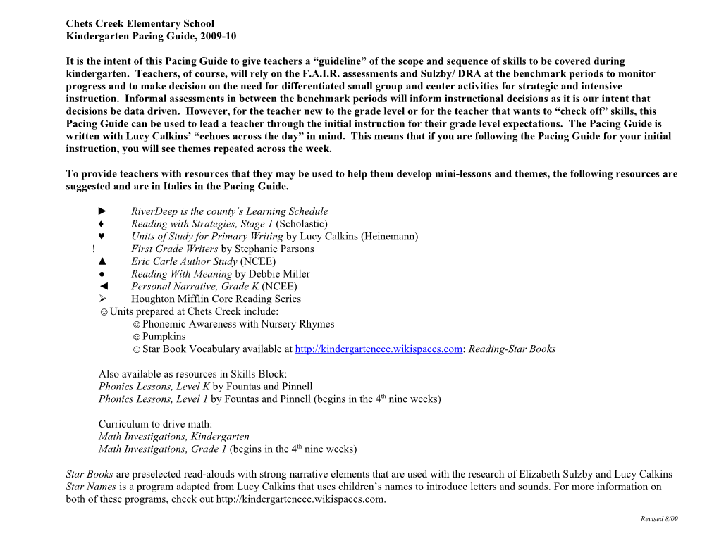 Kindergarten Pacing Guide, 2006-07