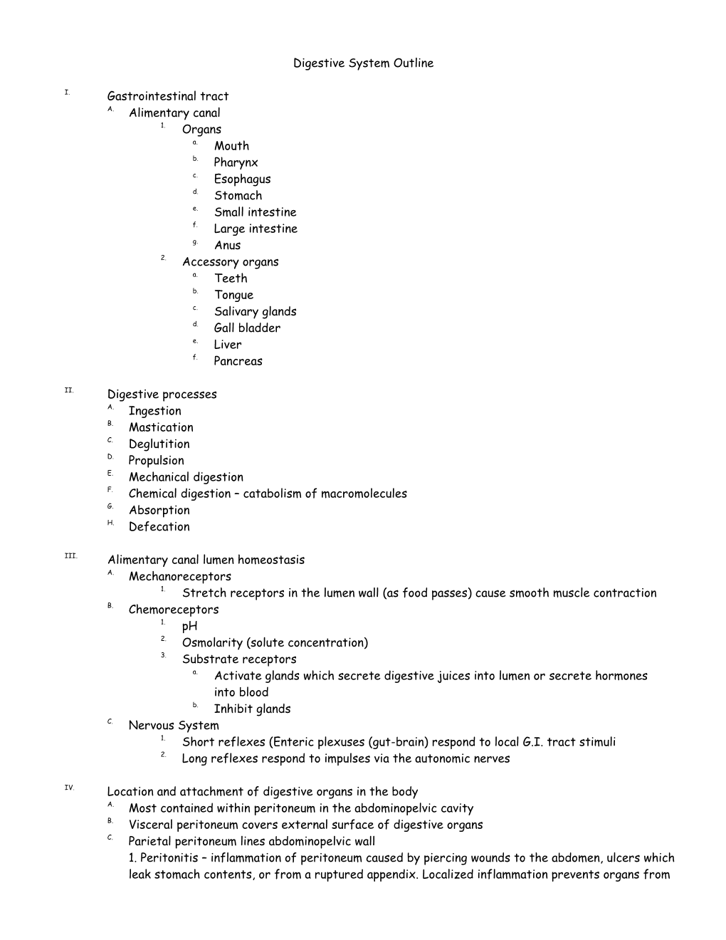 Digestive System Outline