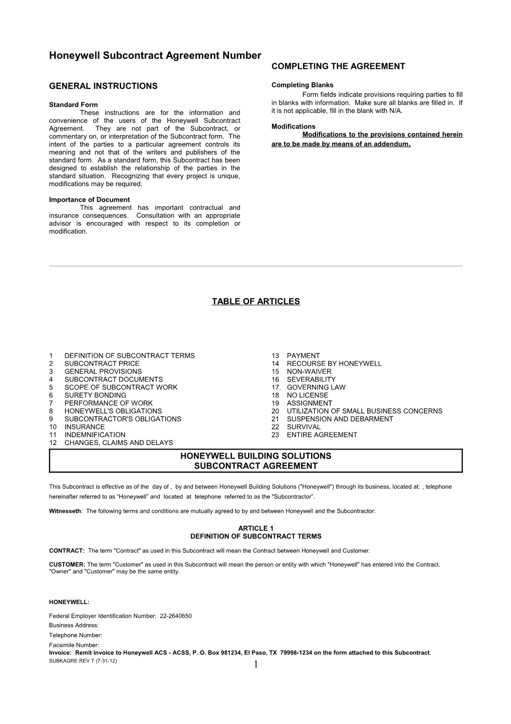 Honeywell Subcontract Agreement Number