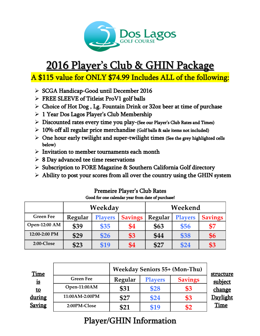 2016 Player S Club & GHIN Package