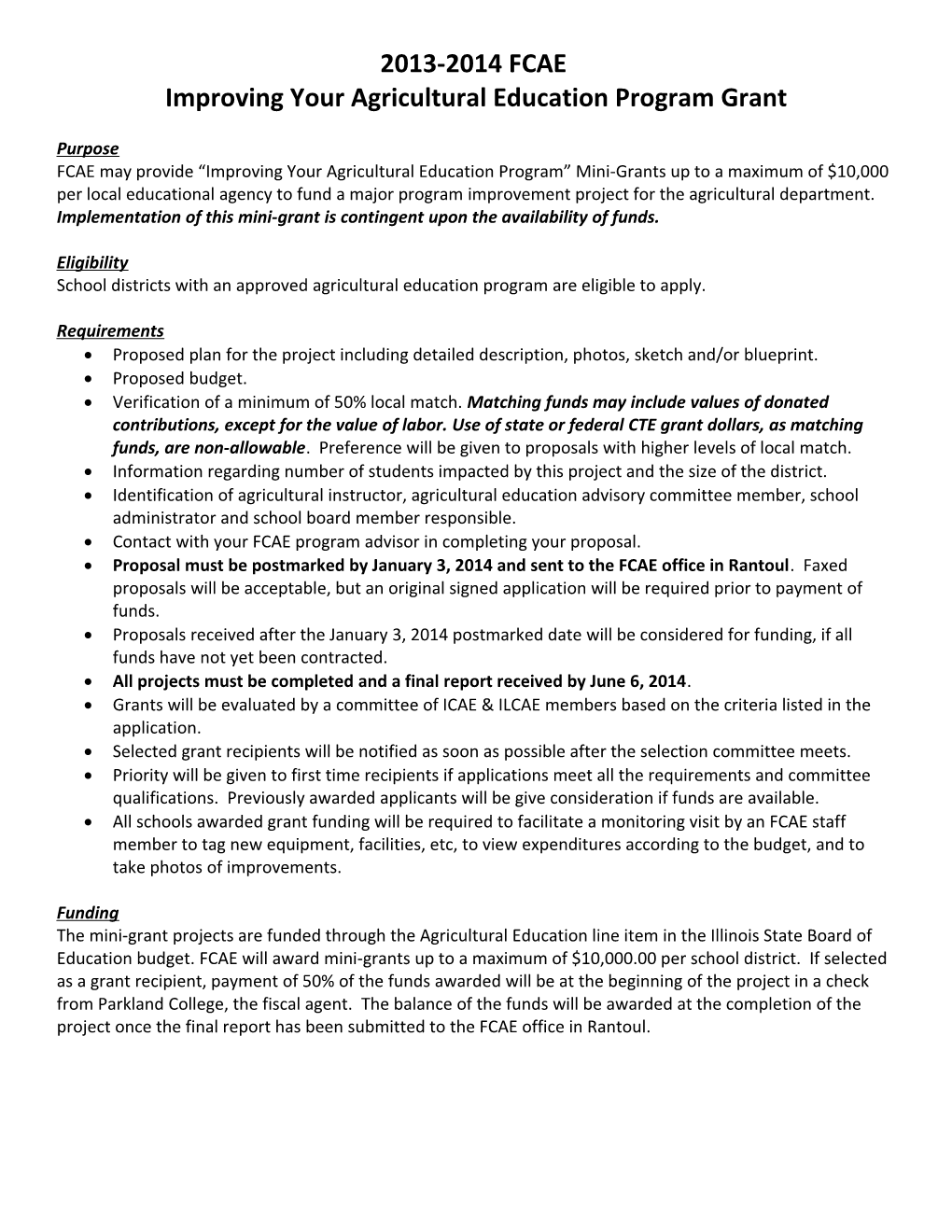 FCAE Agricultural Education Program Improvement Grant Requirements