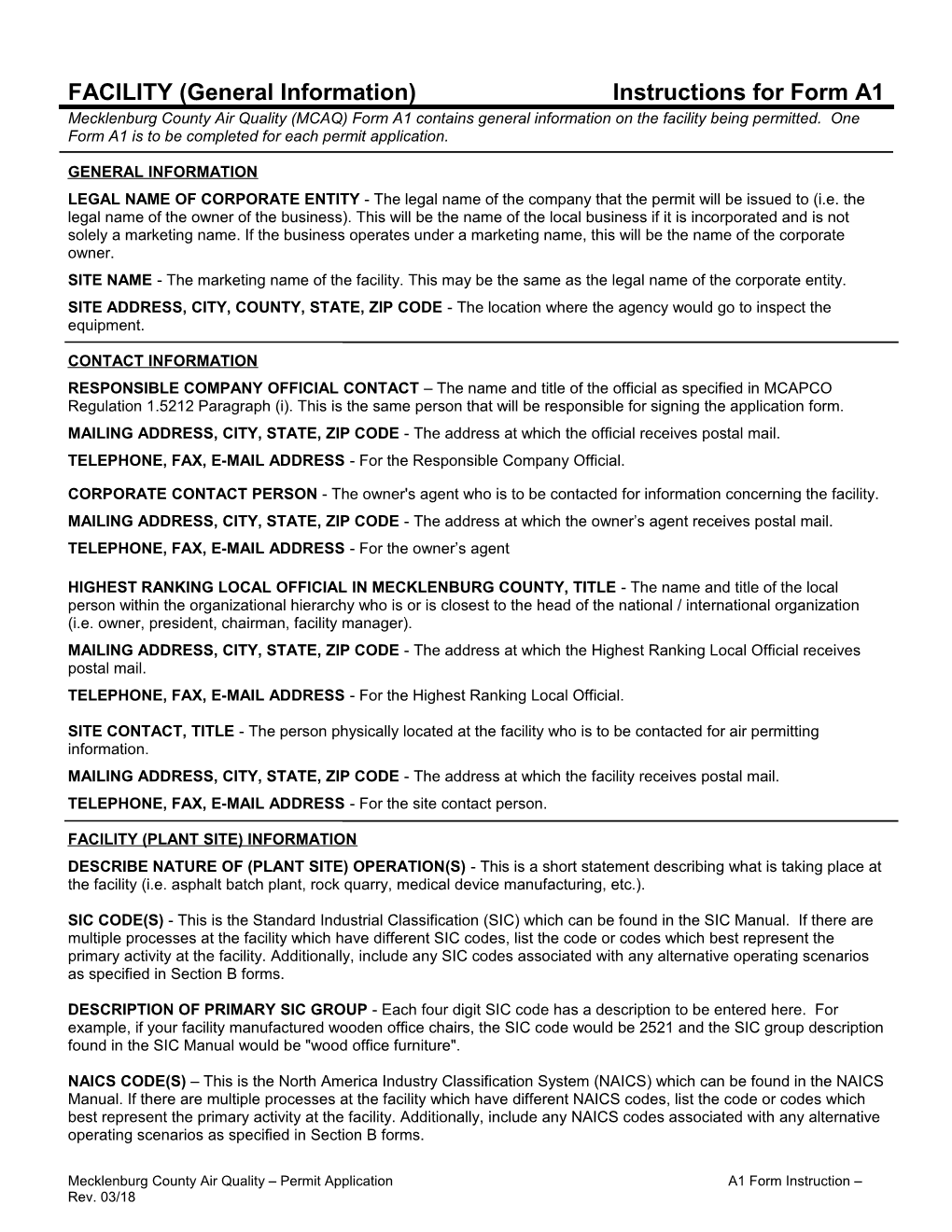 FACILITY (General Information) Instructions for Form A1