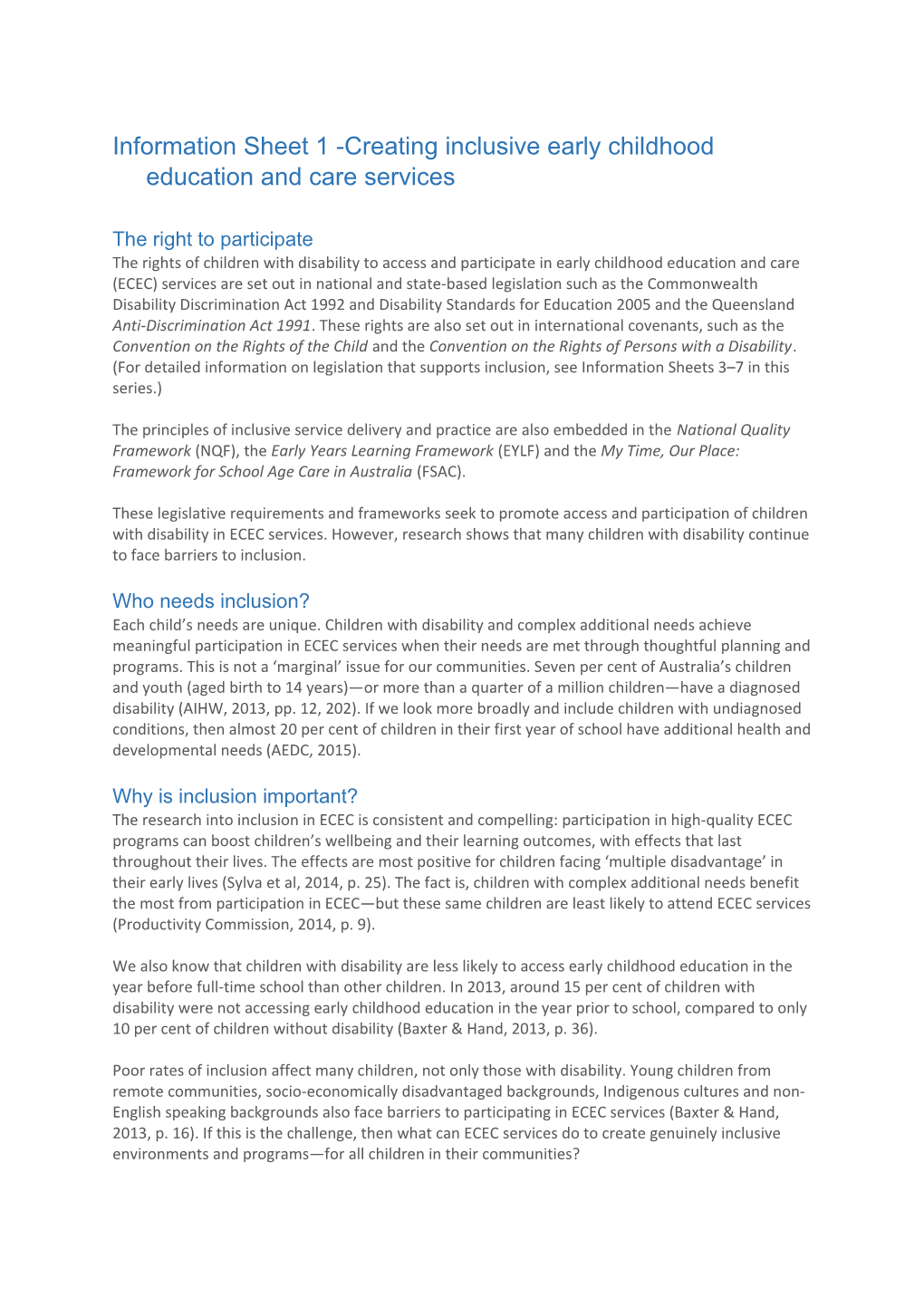 Information Sheet 1 - Creating Inclusive Early Childhood Education and Care Services