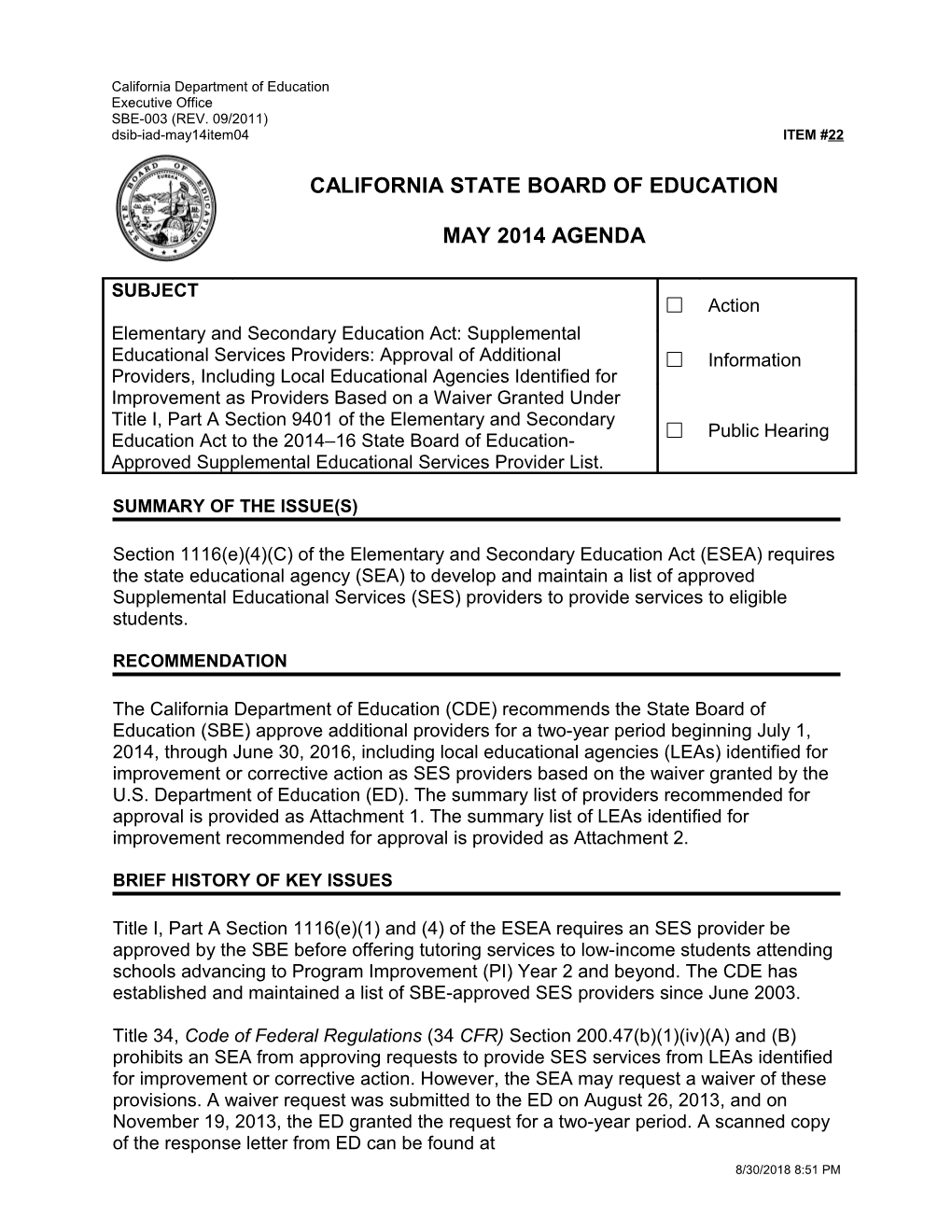 May 2014 Agenda Item 22 - Meeting Agendas (CA State Board of Education)