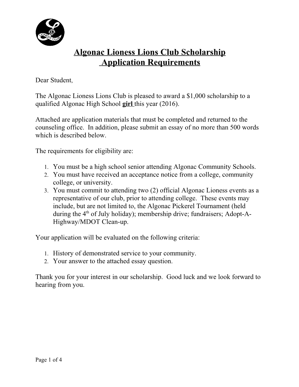 Algonac Lioness Lions Club Scholarship Application