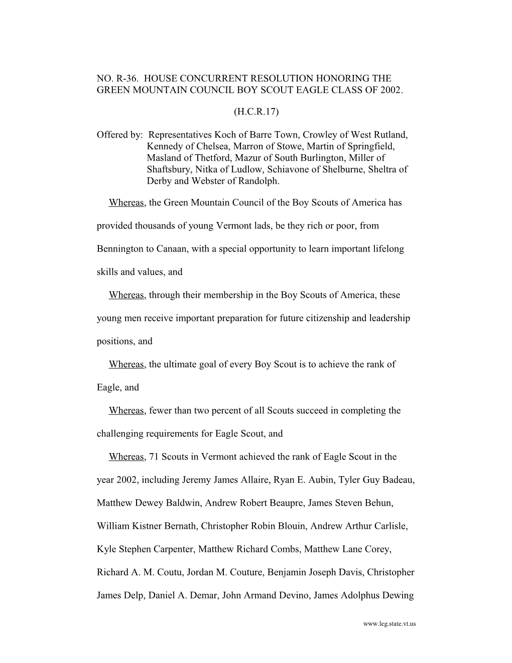 NO. R-36. House Concurrent Resolution Honoring the Green Mountain Council Boy Scout Eagle