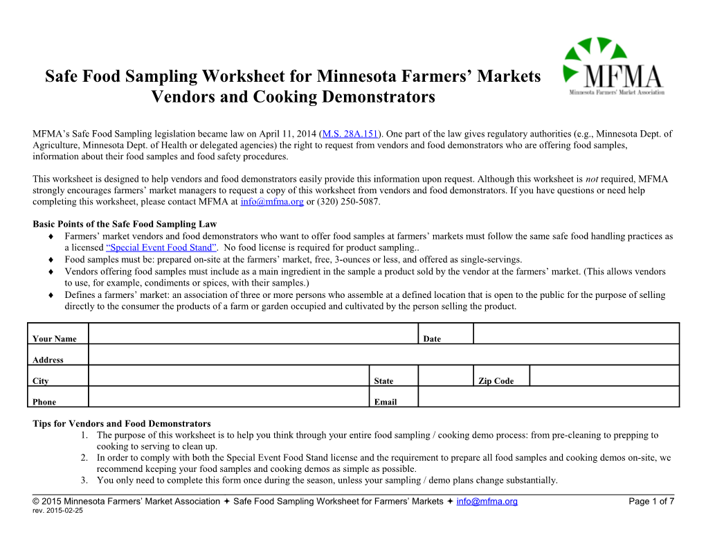 MFMA Food Sampling Plan