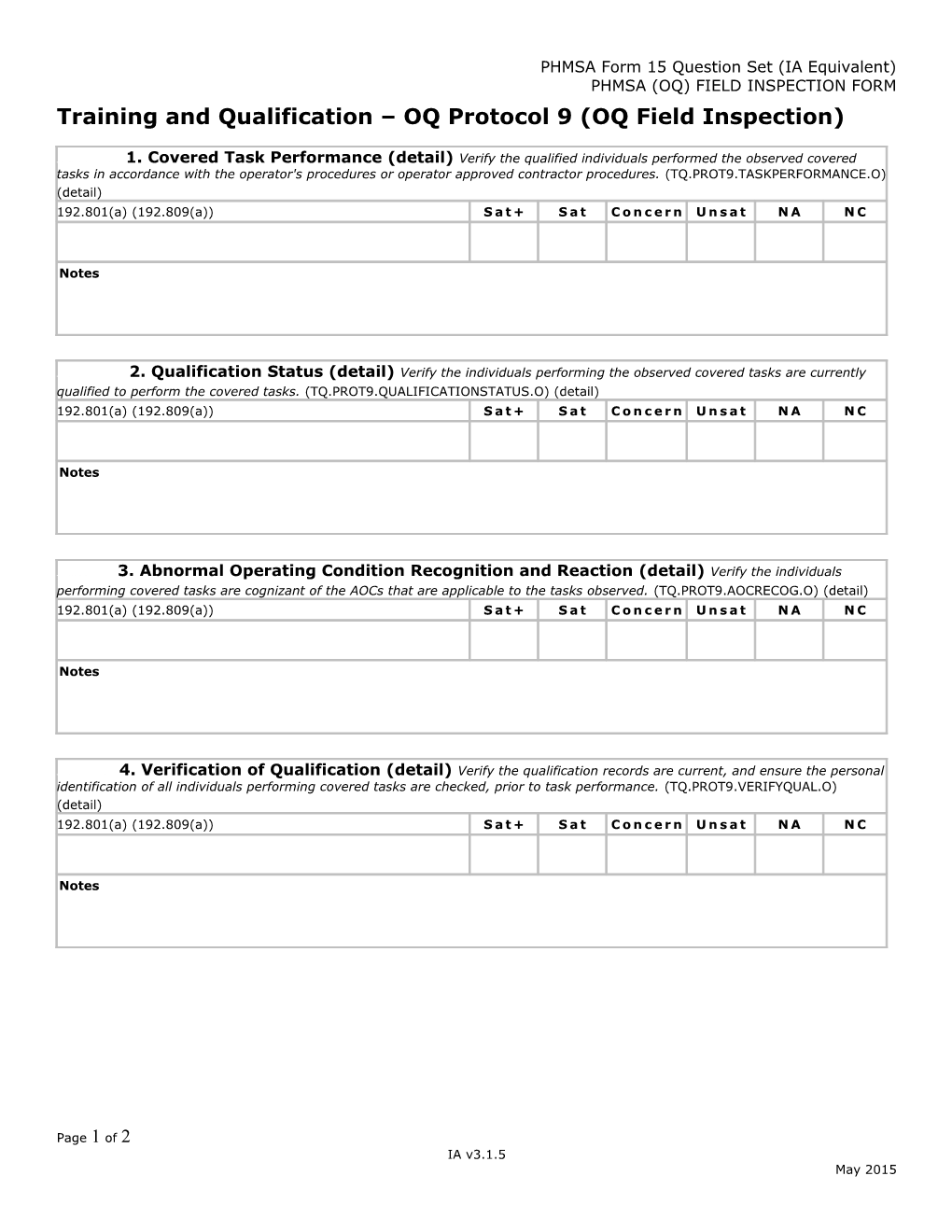 PHMSA Form 15 Question Set (IA Equivalent)