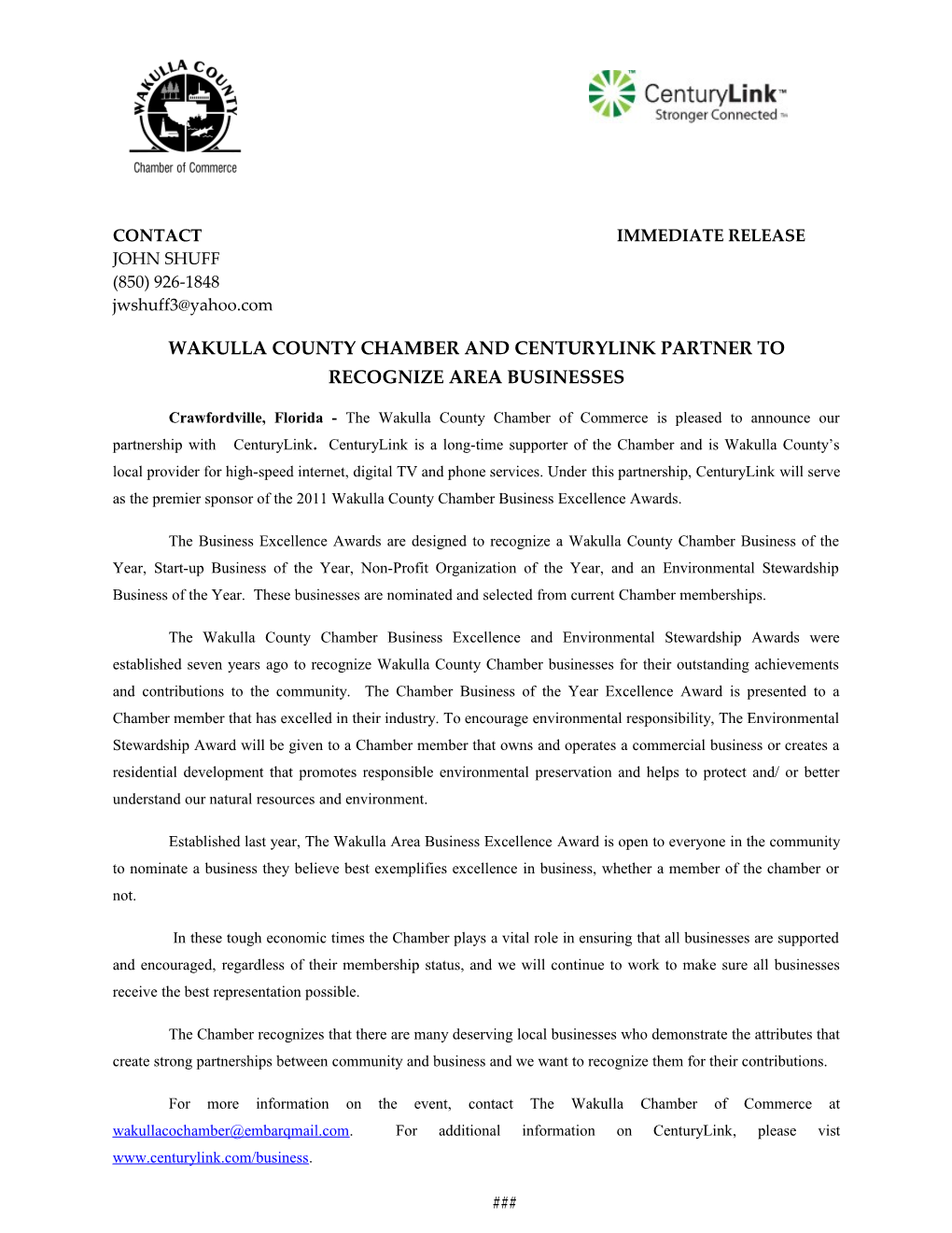 Wakulla Countychamber and Centurylink Partner to Recognize Area Businesses