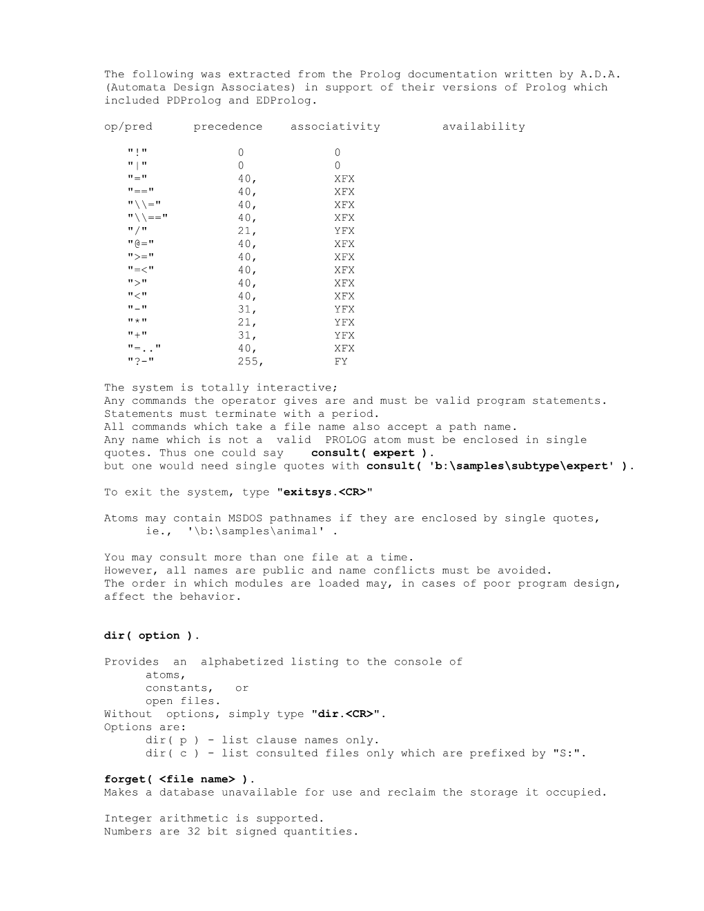 Op/Pred Precedence Associativity Availability