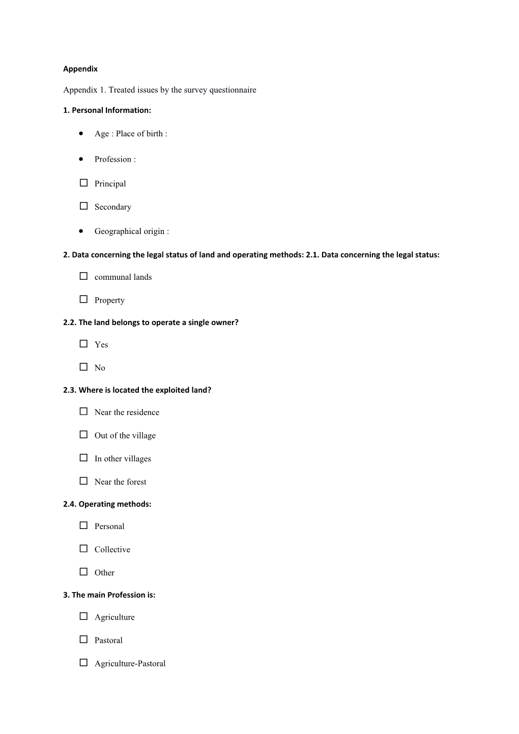 Appendix 1. Treated Issues by the Survey Questionnaire